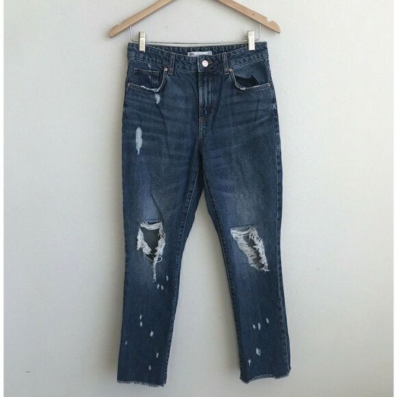 Zara Womens High Rise Distressed Crop Jeans Leopard Patch Size 4 Blue Raw Hem - Picture 1 of 10